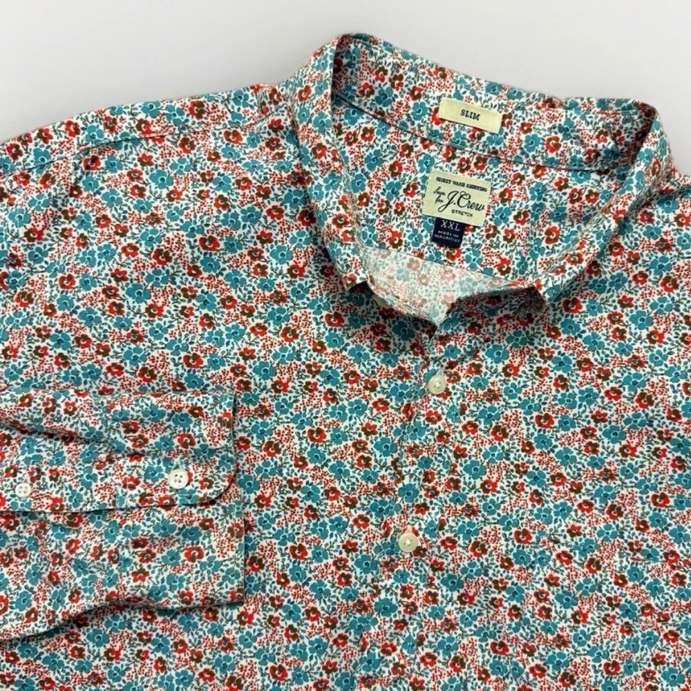 J Crew Secret Wash Shirt Mens 2XL AOP Floral Button Down Cotton Spandex Slim Fit
